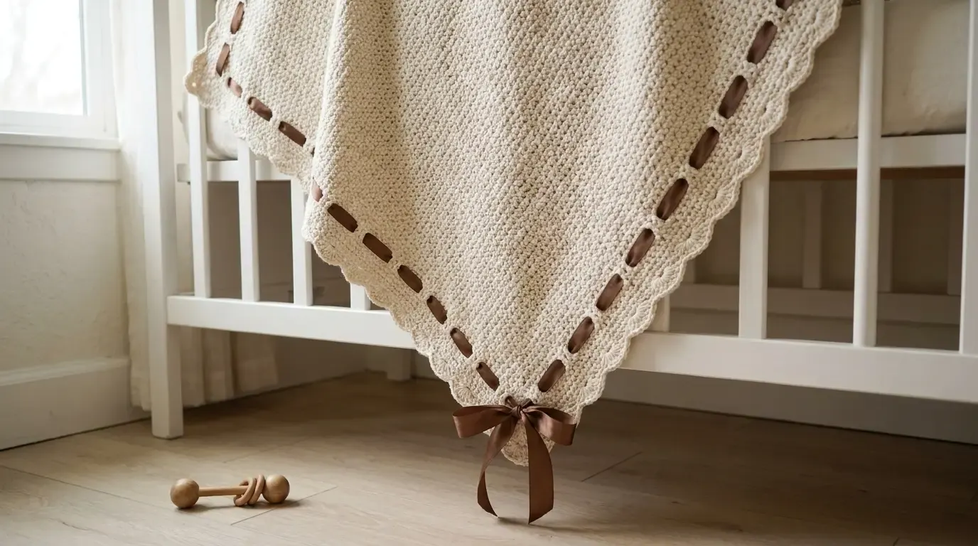 Warm ivory crochet Tiramisu baby blanket draped over a crib with scalloped edging, chocolate ribbon, and a corner bow