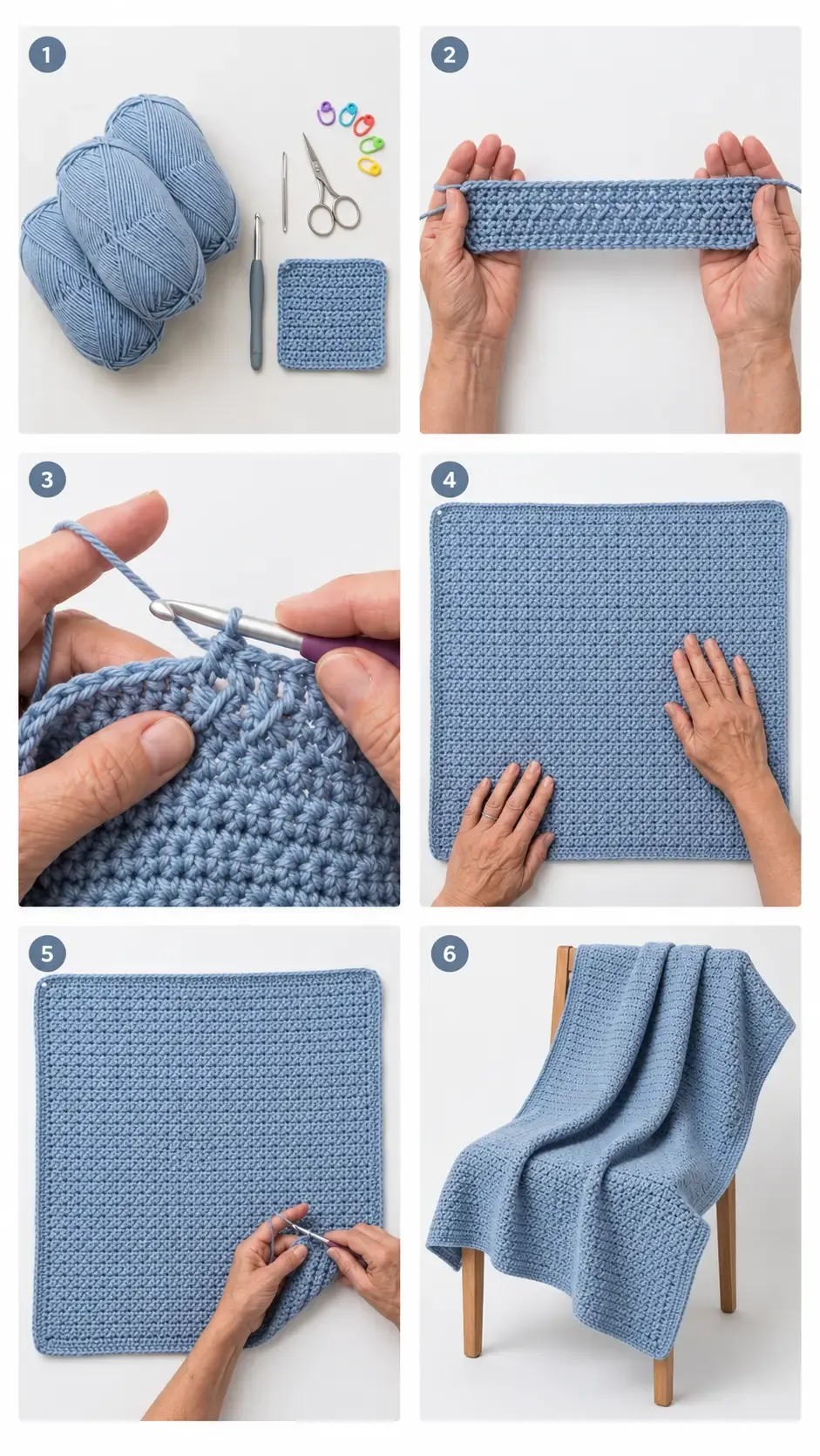 Six-step numbered construction overview of the Twistline Baby Blanket showing dusty-blue yarn and swatch, foundation fabric, crossed double crochet close-up, blanket body, narrow border, and finished blanket