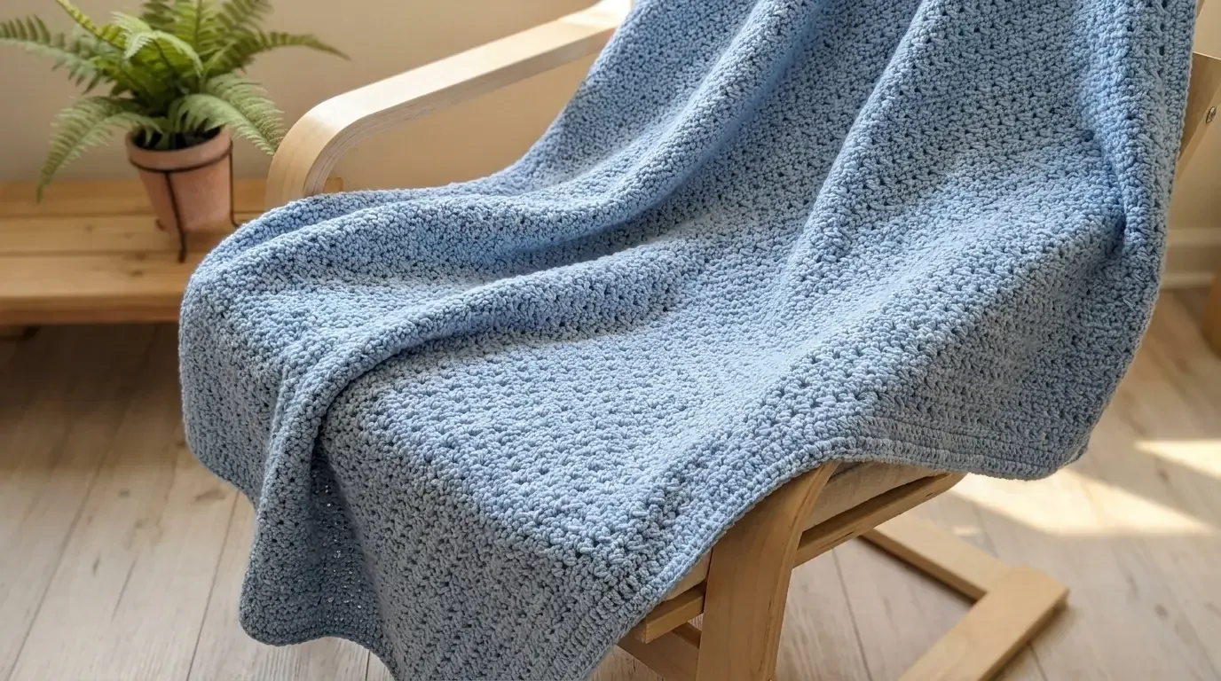 Dusty-blue baby blanket with compact, even crossed-double-crochet texture and a narrow matching border draped over a wooden armchair