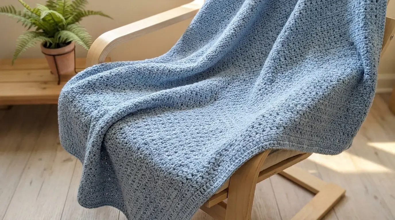 Dusty-blue baby blanket with compact, even crossed-double-crochet texture and a narrow matching border draped over a wooden armchair
