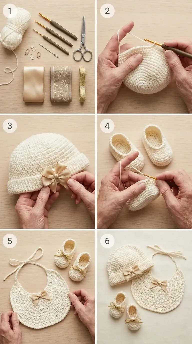 Six-step guide to the ivory crochet baby layette, from yarn and ribbon materials through the hat, turned brim bow, booties, bib, and completed set