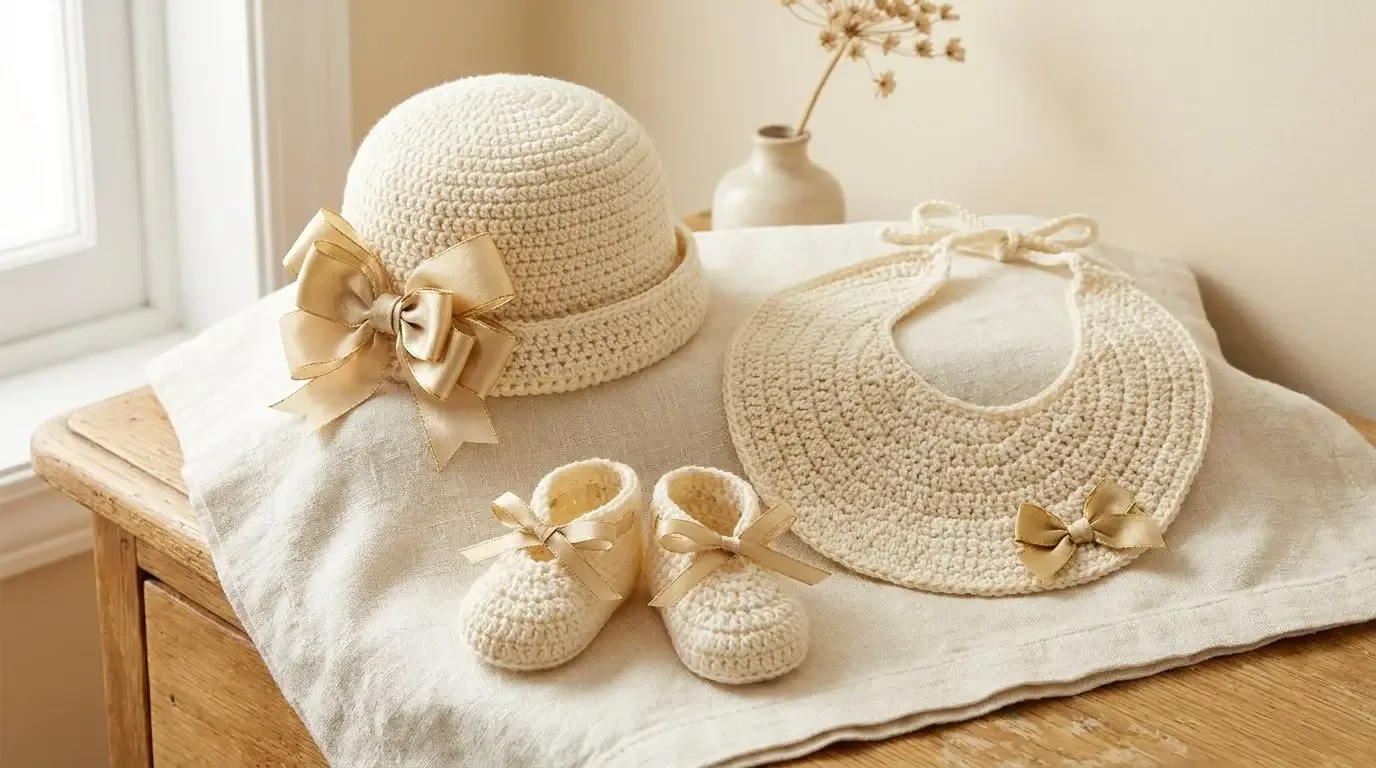 Coordinated ivory crochet baby layette with a turned-brim hat and layered champagne bow, rounded bib with bow, and matching booties with ribbon ties