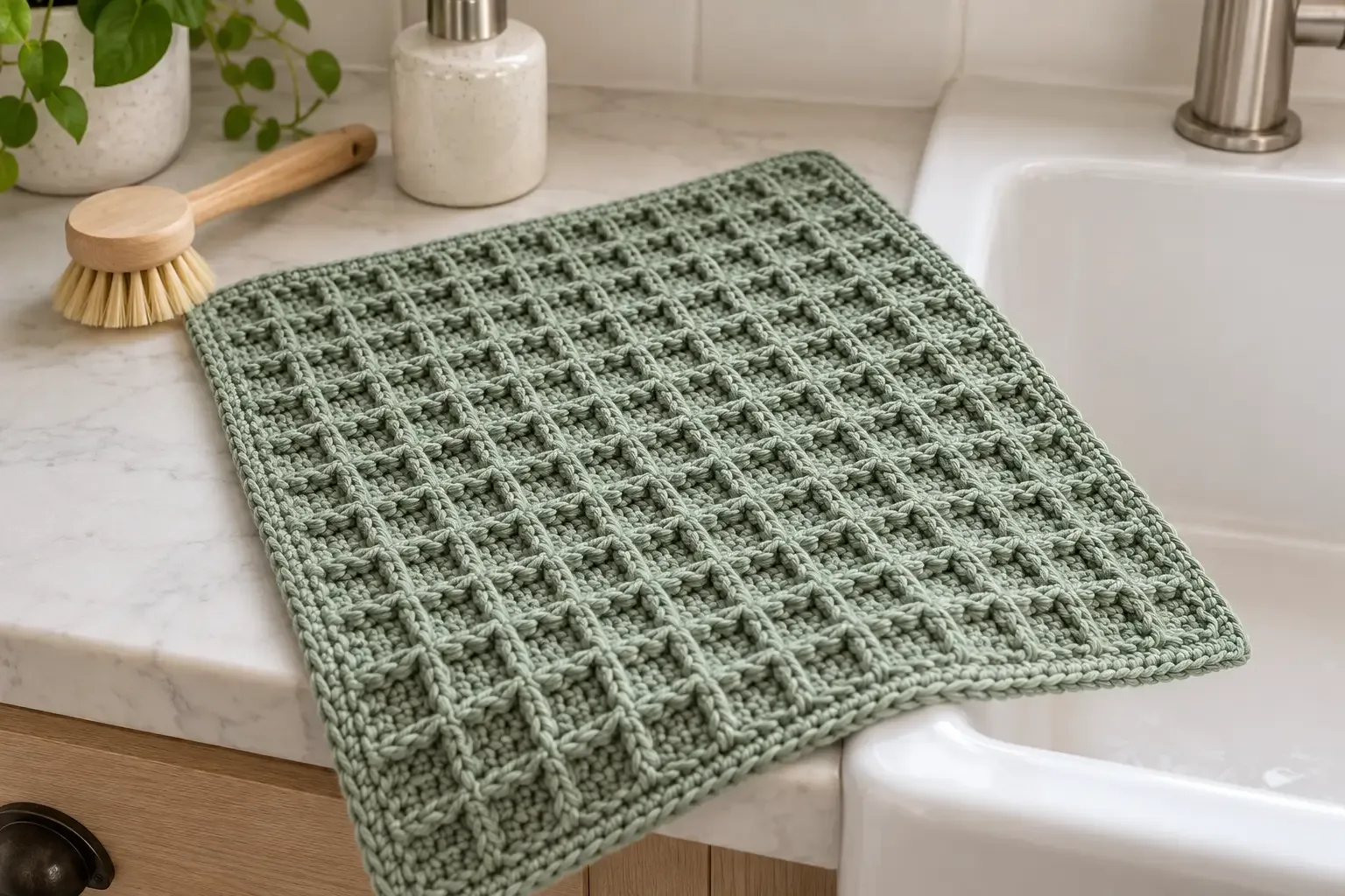 Sage-green waffle stitch crochet dishcloth draped across a white sink beside a wooden dish brush