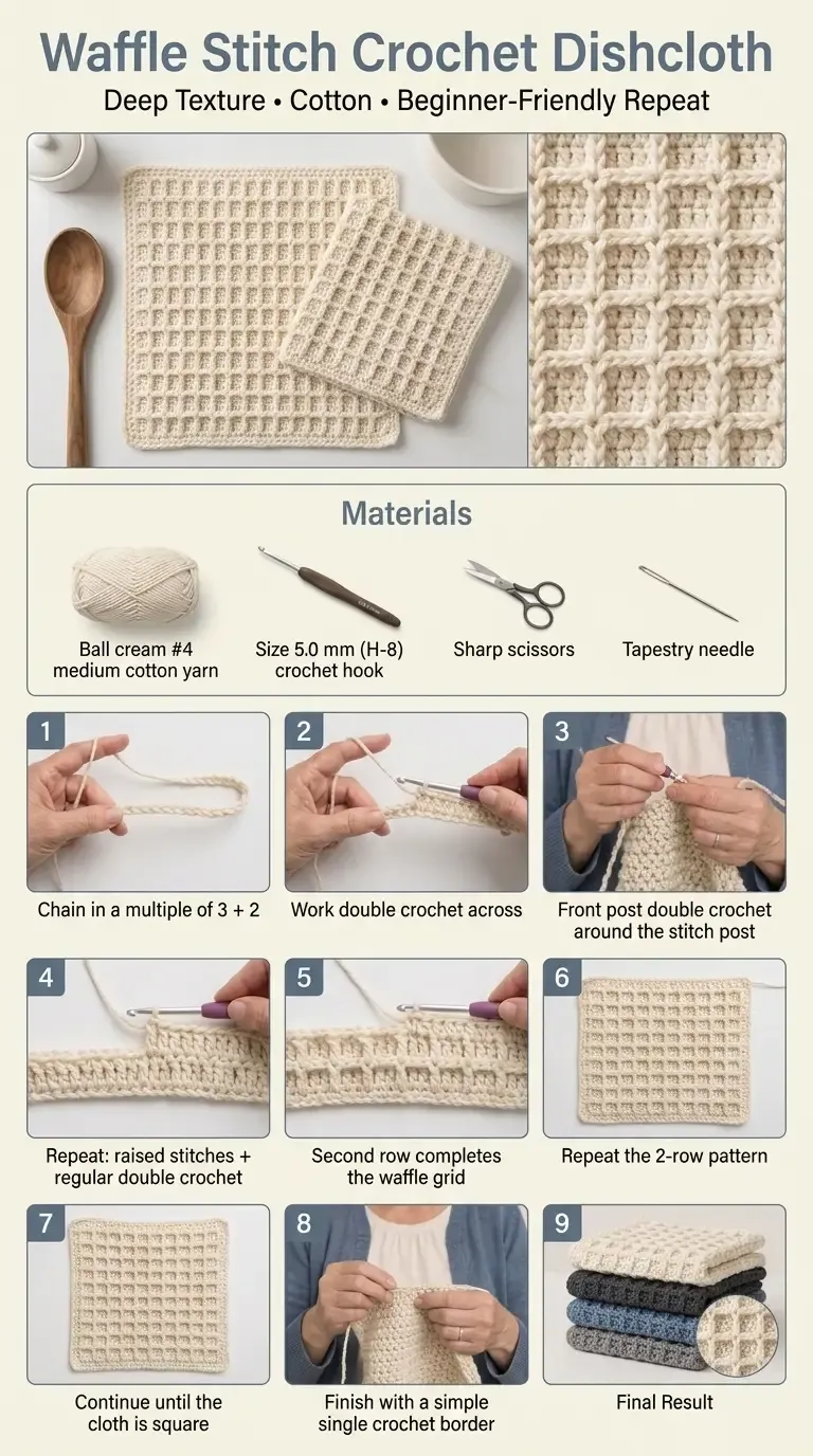 Waffle stitch crochet dishcloth construction guide showing the foundation chain, front-post rows, border, and finished cloth