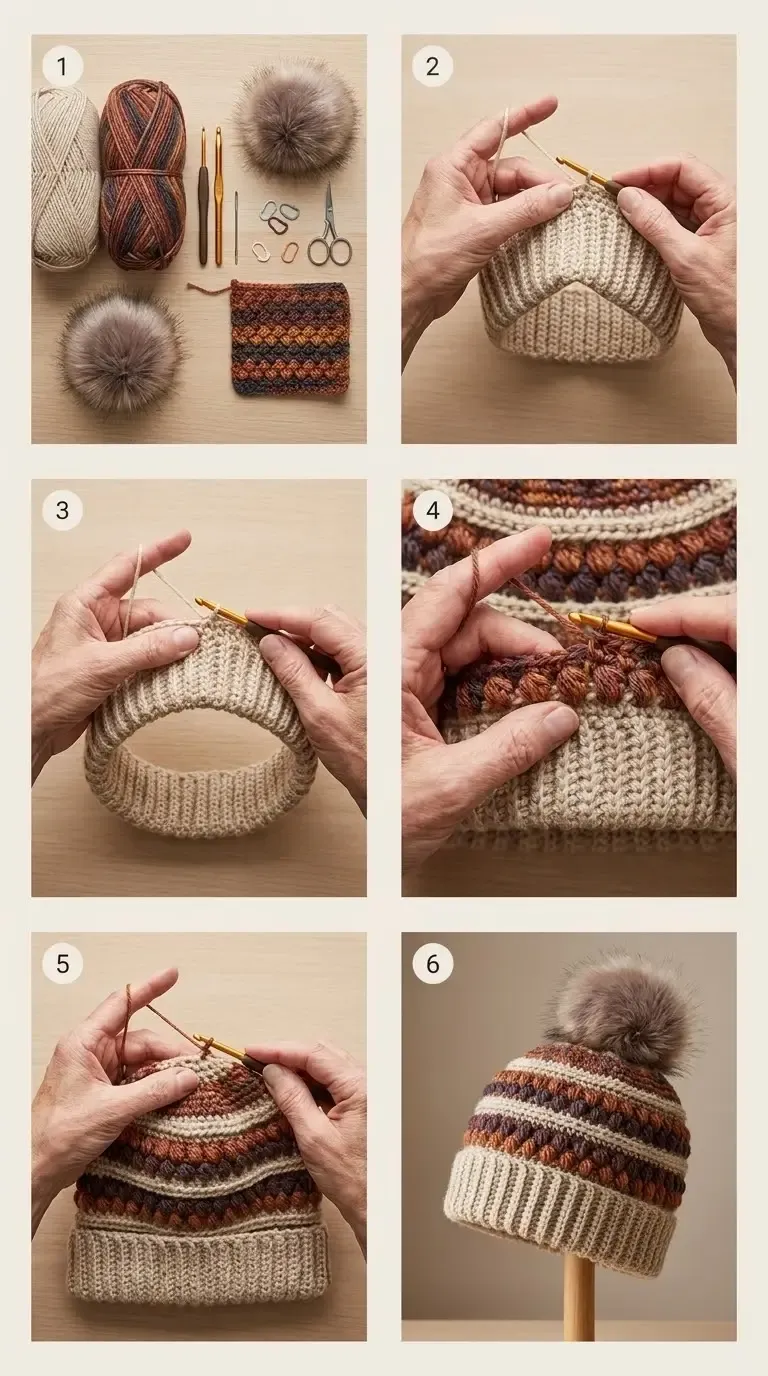 Six-step overview of the autumn beanie showing its materials, flat ribbed brim, joined brim loop, striped textured body, crown finishing, and optional pompom