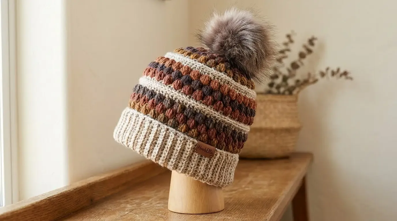 Autumn-color crochet beanie with a wide oatmeal folded ribbed brim, textured rust, brown, gold, and cream stripes, and a fluffy faux-fur pompom on a wooden hat stand