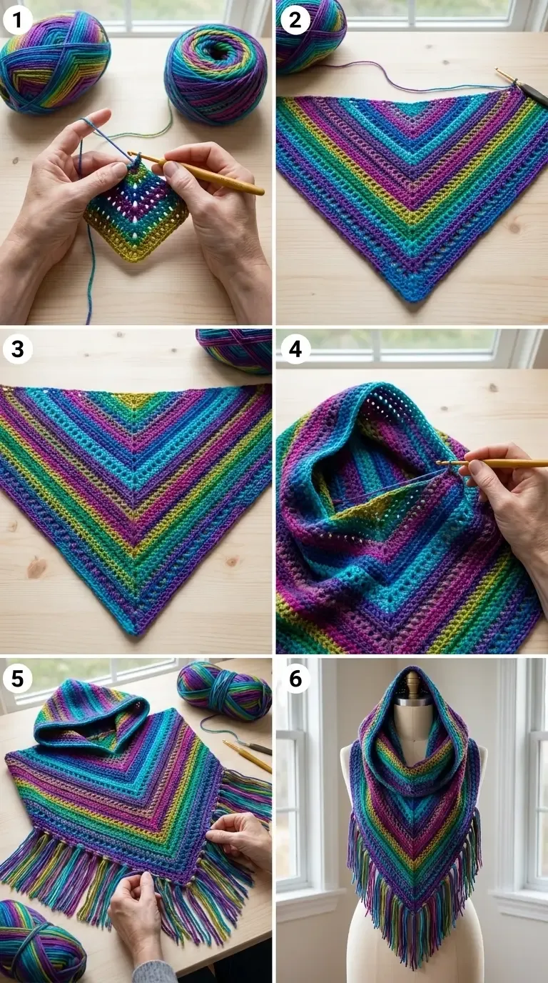 Six-panel HookElla visual overview of a rainbow hooded scarf, from the triangular scarf and textured V rows through hood construction, fringe, and finished garment