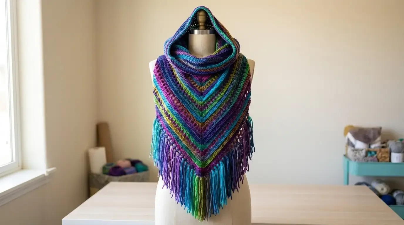 Rainbow crochet hooded scarf displayed on a dress form, with nested purple, turquoise, green, magenta, and gold V-shaped texture, a deep cowl hood, and long multicolor fringe.