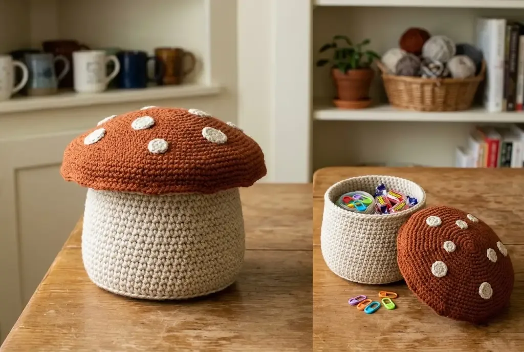 Oatmeal crochet mushroom basket with a cinnamon-rust spotted cap lid on a wooden table