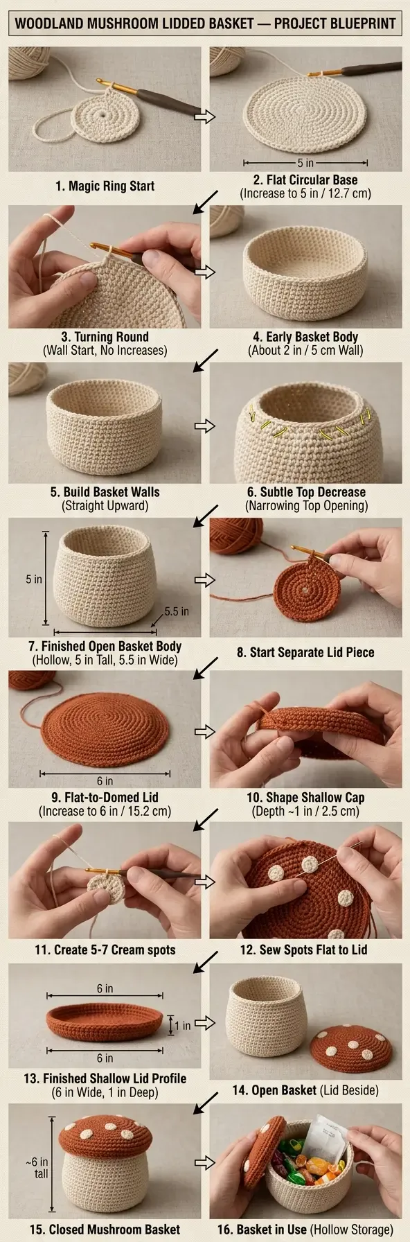Construction guide for the woodland mushroom lidded basket showing the flat base, upright body, upper narrowing, cap lid, cream spots, and open storage