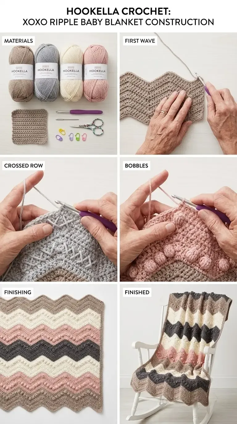 Construction overview of the XOXO Ripple Baby Blanket showing the materials, chevron fabric, crossed-stitch row, bobble row, edging, and finished blanket