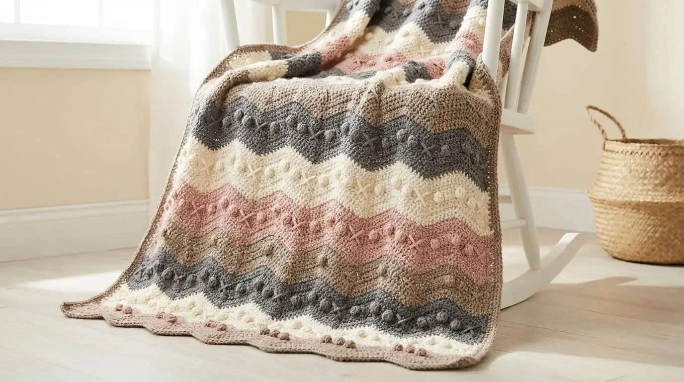 Taupe, charcoal gray, cream, and blush crochet baby blanket with a chevron ripple, raised crossed stitches, and bobble texture draped over a white rocking chair