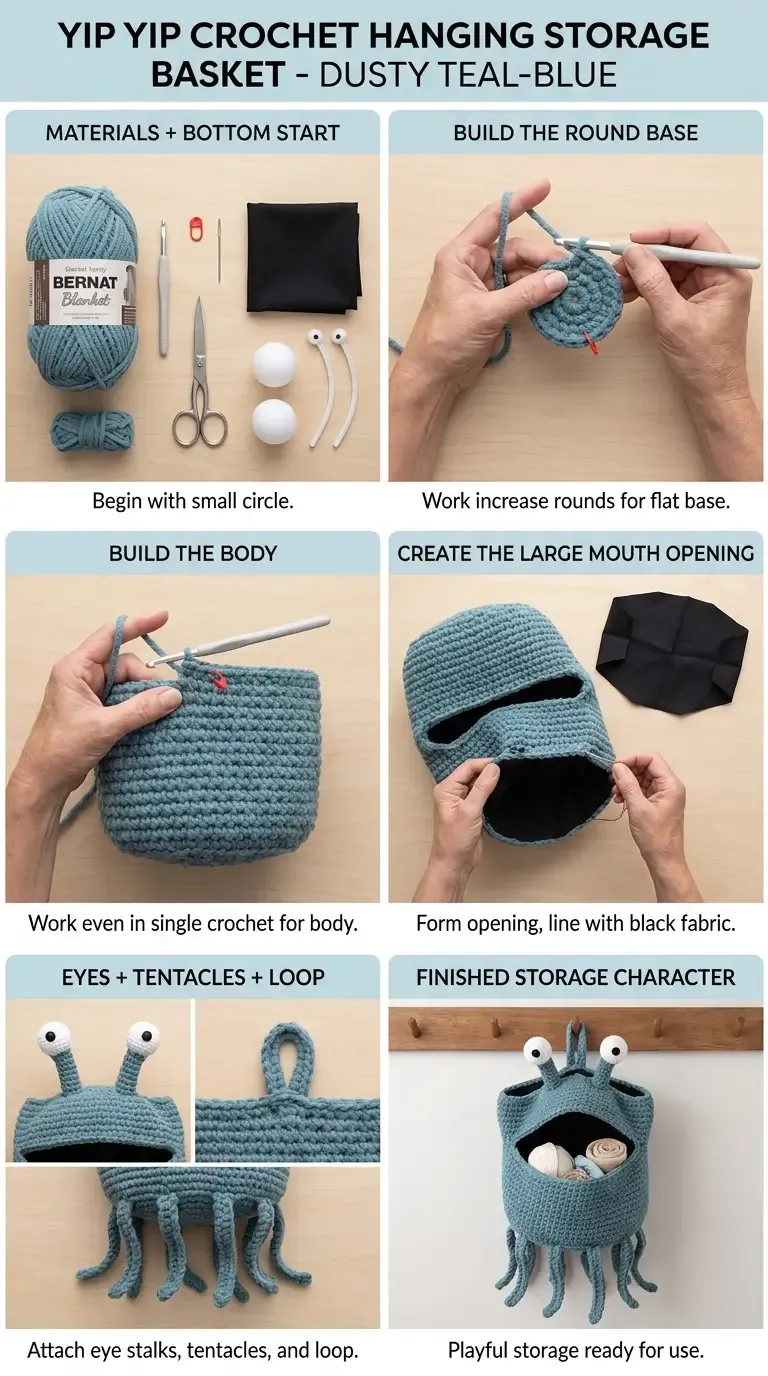 HookElla reference guide showing the materials, round base, dense single-crochet body, large black-lined mouth, eye stalks, lower tentacles, hanging loop, and finished dusty teal character basket