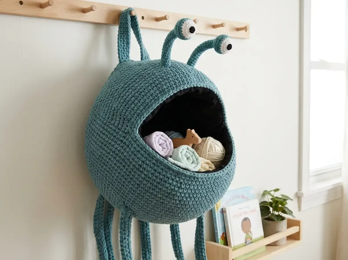Dusty teal Yip Yips-inspired crochet hanging storage basket with two eye stalks, a large black-lined mouth, dangling tentacles, and a hanging loop